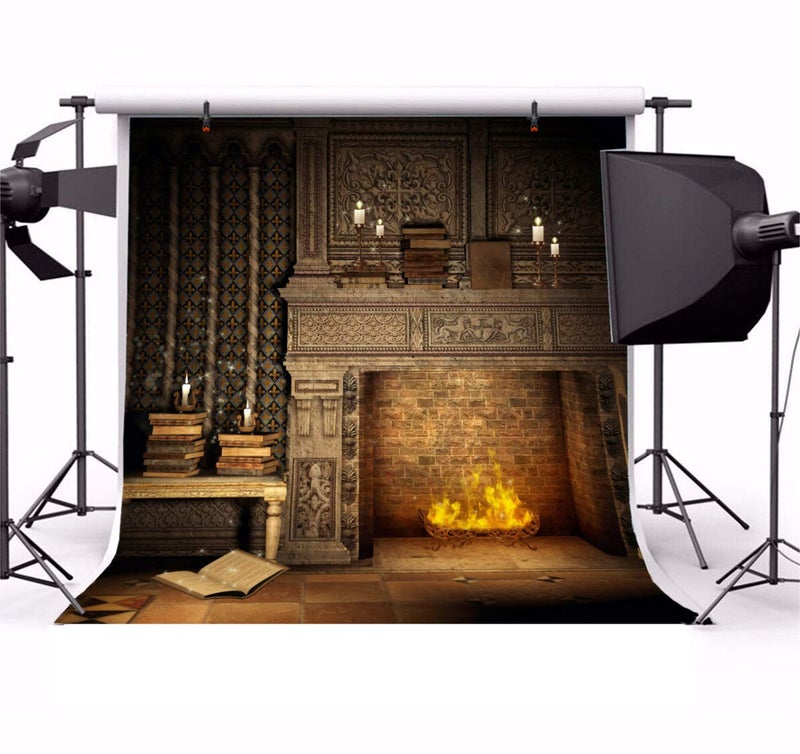 Laeacco Fantasy Room Interior Backdrop 8x8ft Vinyl Photography Background Flame and Fireplace Magical Books Candle Retro House Background - Image 2